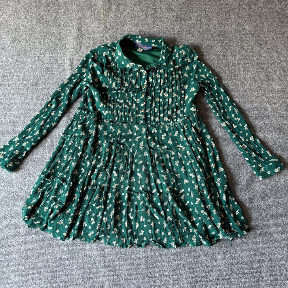 Blue Rain Green Floral‎ Tiered Ruffle Mini Dress Long Sleeve Small